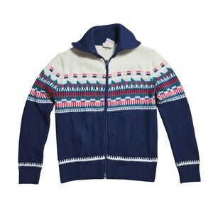 Vintage St Michael Boys Fair Isle Full Zip Knit Sweater 10-11 Navy Retro Nordic